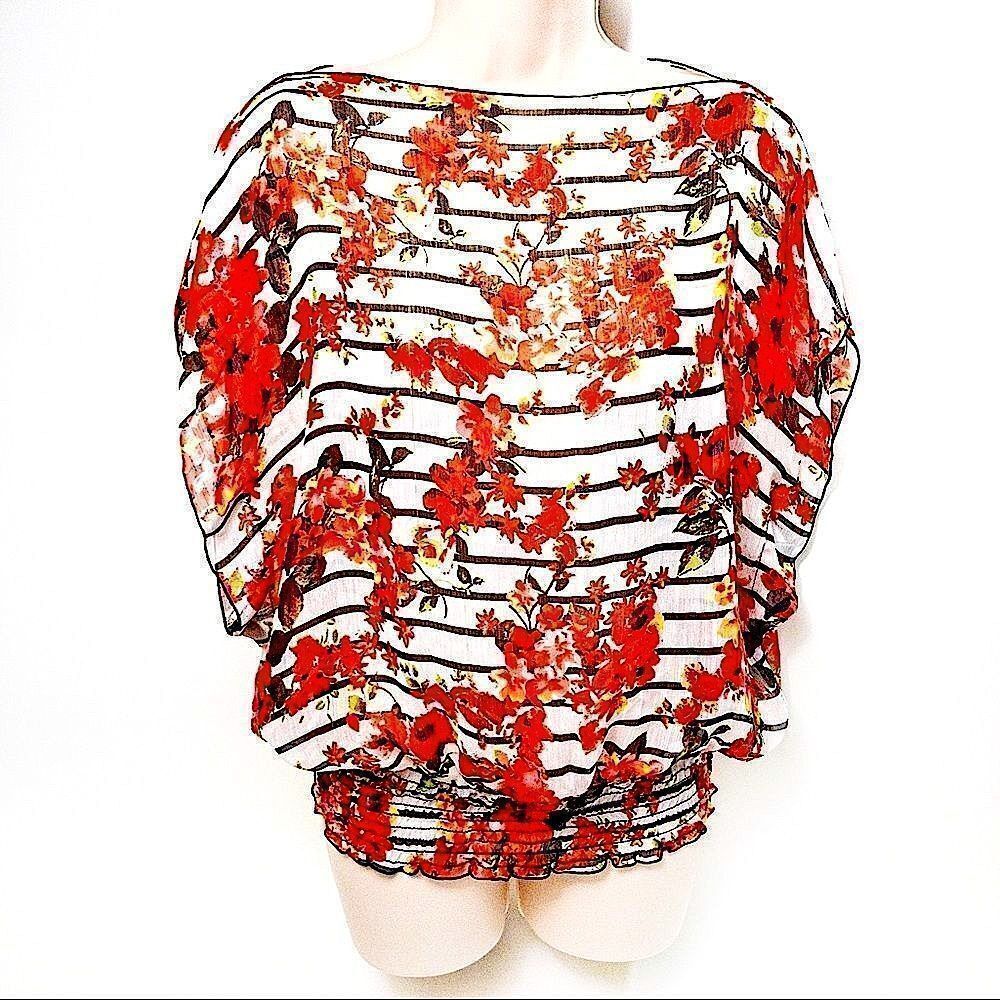 Butterfly Sleeve Floral Sheer Shell Top Sz L
